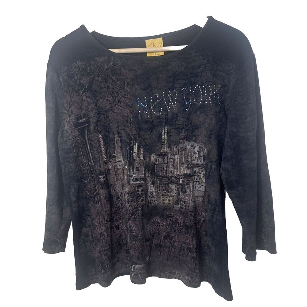 Katina Marie Top Womens Large Black New York Shirt  Bedazzled Y2K Liberty OOP